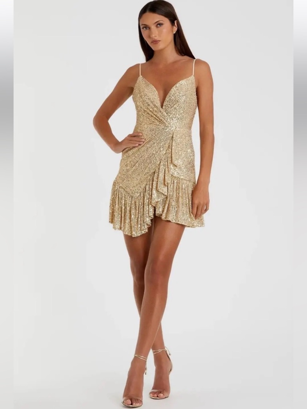 Mac Duggal Gold Sequin Draped Mini Dress